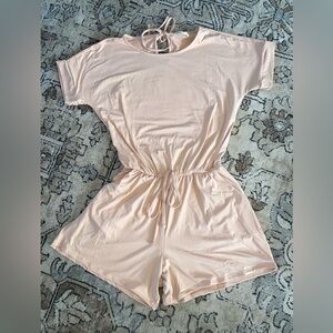Zenana Blush Pink Romper with elastic waist and Tie Back with pockets